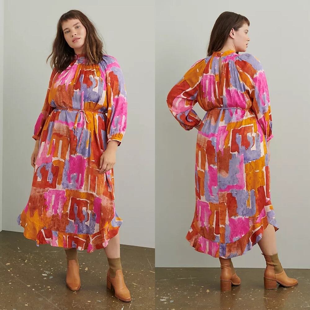 Anthropologie Maeve Jessamine Mock Neck Midi-Maxi Dress Orange Patterned (Sz L)